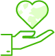 An illustrative icon depicting an outreached and open hand, with a floating heart above it. Within the heart is an imprint of a global map